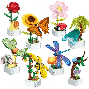 Направи си сам, пеперуда, насекомо, растение в саксия, Бонсай, Цветен блок, Роза, Декорация, Кухненски блок, статуетка, Пластмасова играчка, подарък за деца, момичета