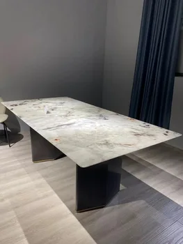 Лесен луксозна маса от ярка плоча, модерен минималистичен правоъгълна маса от неръждаема стомана, домашен маса за хранене и столове