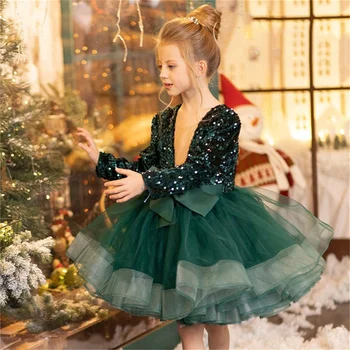 Тюлевое Принцеса рокля с цветя модел за момичета, Рокли за малки момичета С дълги ръкави с дължина до коляното, Пищни дрехи за Рожден Ден, Първото Причастие
