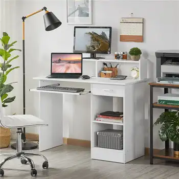 Компютърна маса Smile Mart Wooden за домашен офис с чекмеджета и поставка за клавиатура, бял