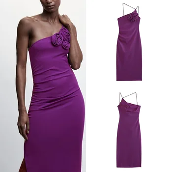 PB & ZA лятото ново дамско темпераментное модно однотонное асиметрична рокля с цветен модел на големия размер, луксозно дебнещ рокля