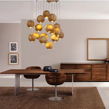 Европейски Дизайнерски Дървени висящи осветителни тела, Окачен лампа с дървена топка, Висящи лампи G4, Декоративна лампа за фоайе
