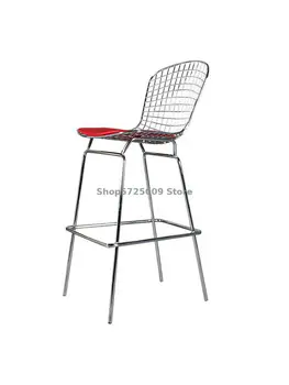 Жично бар стол с куха облегалка от неръждаема стомана, бар стол с проста желязна метална мрежа, червен висока табуретка за краката в индустриален стил