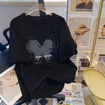 Дамски Потник с тениска от 100% чесаного Памук 2023, Лятна Дамска тениска с кръгло деколте и къси ръкави, Женска тениска с принтом пеперуди