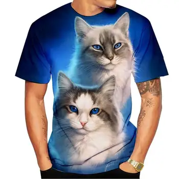 Лятна мъжка тениска с 3D-принтом Machine Spirit Котка с кръгло деколте и забавно принтом на домашни животни, Голям пуловер Унисекс