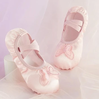 Нови детски балетные обувки за момичета, обувки за танци подметка, Обувки за принцесата, Сатен обувки с бродерия във формата на пеперуда, Обувки за тренировки