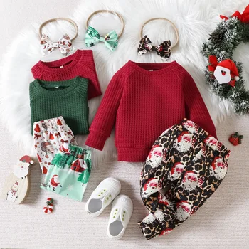 Коледни 0-24 м, Костюми на Дядо Коледа за новородените момичета, тениски с дълъг ръкав, Панталони, превръзка на главата, 3 бр., есенна дрехи за малките момичета, костюми