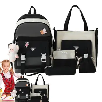 Kawaii Раница за ученици, комплект раници за момичета, училищна чанта за училище, училищна чанта с чанта на рамото, чанта за моливи, поясная чанта