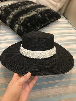 202309-shi ins годишна жена фетровая шапка ръчна изработка от черна слама с перлената лента, дамски панама за почивка, джаз шапка