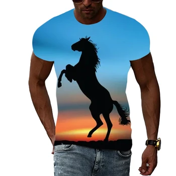 Нова мъжка тениска с изображение на кон в стил хип-хоп, модни топове с кръгло деколте, ежедневни тениски с красив принтом и къс ръкав
