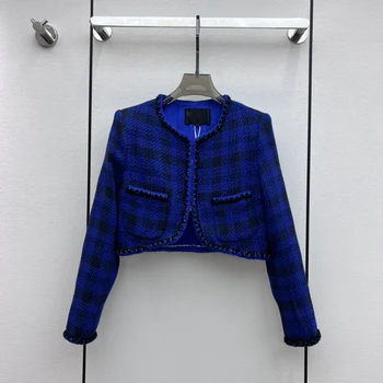 Ново палто в синя и черна клетка с панделка, украшенное завързана панделка в ретро стил