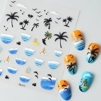 Кокосова палма, Морски вълни, Риба, Делфин, 5D Скулптурни Релефи, Самозалепващи Стикери за дизайн на ноктите, Летни етикети за 3D Маникюр