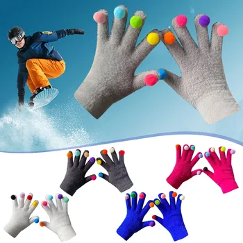 Модерен Елегантен Дамски вълнени есенно-зимни цветни ръкавици с топки козина, Женски сладки Вълнени плетени калъф за ръкавици за каране в студено и топло време
