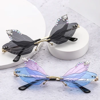 украсена с диаманти Слънчеви очила във формата на пеперуда Без рамки Слънчеви очила под формата на крила на водни кончета Дамски очила с Розови Очила Нюанси UV400