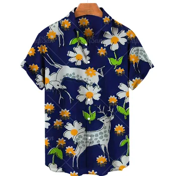Хавайски мъжка риза с 3D животно принтом, ежедневни риза с копчета на шията, американски моден свободен топ, 2023