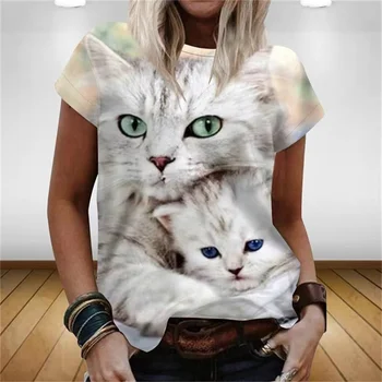Лятна дамска тениска с 3D сладък котка, Модна тениска в стил Харадзюку с къс ръкав, Ежедневни Кавайная тениска за момичета, Големи размери