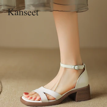 Kanseet/ Дамски Сандали от естествена кожа; Лаконичная обувки с отворени пръсти; Колекция 2023 г.; Лятна рокля; Дамски Джапанки изработени ръчно в средния ток с каишка на щиколотке; 41
