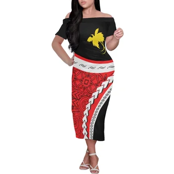 Хит на Продажбите Полиестер Полинезийски Тонганский Дизайн PNG Плажна Рокля-Секси Елегантна Рокля миди с къс ръкав и отворени рамене Рокли