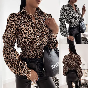 Есенно-зимни секси женска тениска с V-образно деколте и дълги ръкави с леопардовым принтом риза
