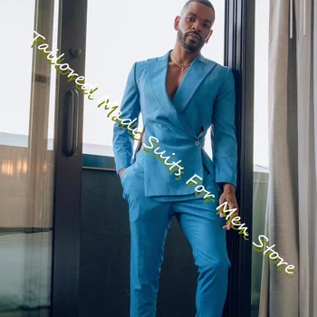 Мъжки сватбен костюм, син блейзър, комплект от 2 теми, монтиране комплект с един гърди, Лятна луксозна дизайнерска мода официално облекло