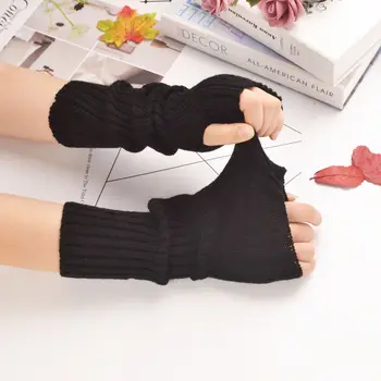 1 чифт Женски меки трикотажни ръкавици с ръкави до китките, топли ръкавици с ръкави и на ръцете, Ръкавици без пръсти, Дамски зимни дълги ръкавици ярки цветове