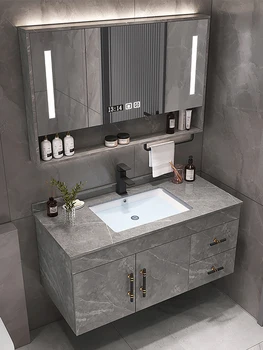 Лесен луксозен комбиниран шкаф за баня с каменна панел от масивно дърво, модерен прост тоалетка за измиване на ръцете, комплект шкафове за измиване