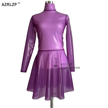 Прозрачно лилава рокля от латекс, Секси рокли Гумените, мини поли, прозрачни дълги ръкави, Индивидуални