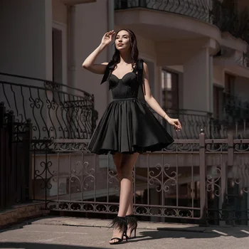 Модно черна рокля за абитуриентски бал с деколте във формата на сърце, стилна вечерна рокля с подвижна пищна пола с Дължина до бедрата, вечерна рокля