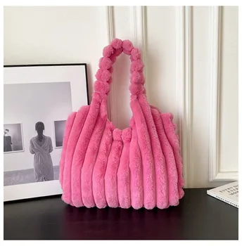 Зимна Плюшен Голяма чанта-тоут, обикновена чанта през рамо за жени, дамски чанти и портмонета, 2023 Нови Модни дамски чанти за пазаруване