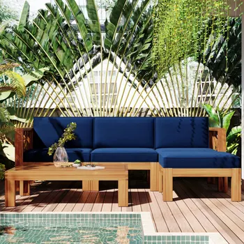 Открит Вътрешен двор в задния двор, Дървен Комплект от 5 секционни мека мебел за сядане с възглавници, натурална украса + сини възглавници
