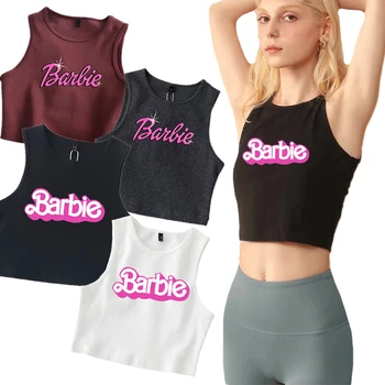 Секси Жена със скъсен топ без ръкави, с шарките на Барби, ежедневни тениски с анимационни герои Kawaii за момичета, Жилетка Y2K, Модни дамски тънки къси върховете на бретелях