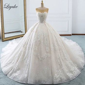 Дантелено бална рокля Liyuke Без ръкави, Сватбена рокля, С кръгло деколте във формата на пера, с Дължина до пода, vestido de noiva