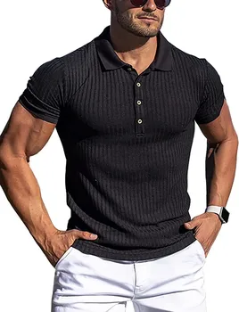Нова лятна мъжки однотонная раирана спортна еластична поло риза с къси ръкави за фитнес, мъжка мода мъжка риза с ревера