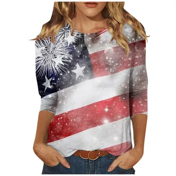 Тениска с Деня на Независимостта, Дрехи с флага на сащ, дамски тениски Оверсайз с V-образно деколте, модни блузи с ръкави 3/4, ежедневни дамски градинска облекло