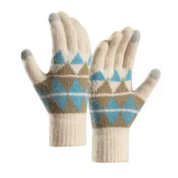 Ръкавици за езда Уютни зимни ръкавици за сензорен екран за жени и мъже, еластични плетени ръкавици без пръсти в руното на лигавицата с двухслойными белезници, стилни