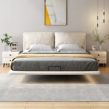 Мебели за спалня проста модерна подвесная легло с лампа креативна подвесная двойно легло от мека кожа в кремовом стил