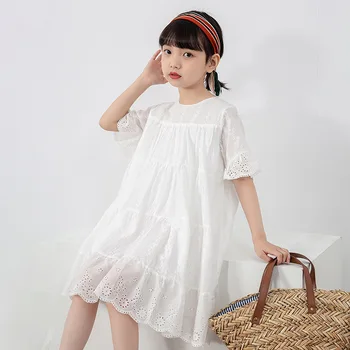 MODX/ Ежедневна рокля за момичета 2023, Лятно Бяло принцеса рокля с къс ръкав, Нова детска памучен широки дрехи, #7297