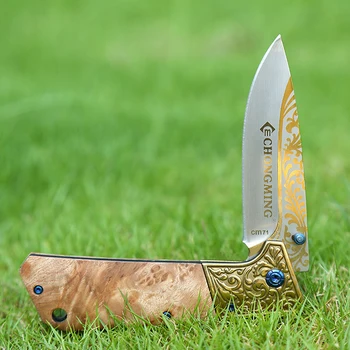 Дамасские Ножове 7CR18MOV Стоманена Цветен Сгъваем Нож С дървена Дръжка, Тактически Нож За Лов на Открито, Нож За Оцеляване в Лагера + Подарък Кутия