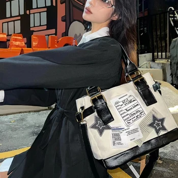 Реколта чанти-тоут Y2k за жени, американски ретро-холщовая чанта със звезди, модни дамски чанта за пазаруване с голям капацитет