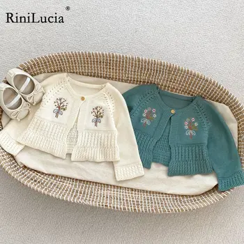 RiniLucia/ Трикотаж за малки момичета, Детски яке, Есенно-зимно палто, Детска жилетка с цветна бродерия, пуловер за момичета