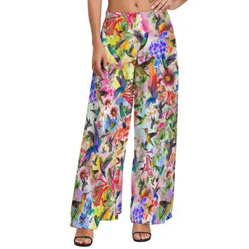 Цветни панталони с флорални принтом, висока талия, Колибри, Модни панталони, Градинска мода, графични Широки Панталони