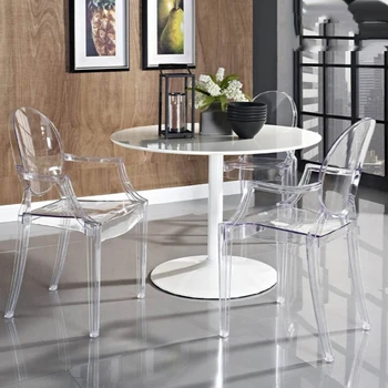 Пластмасов стол за хранене, модерен обикновен минималистичен Дизайнерски стол, Прозрачна облегалка, Подлакътник, Мебели за интериора на Салон Fauteuil