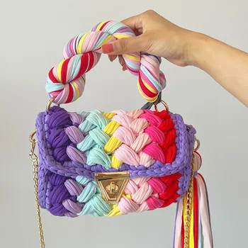 Луксозни дизайнерски многоцветни чанти, плажен мрежи от прежди, тъкани торби през рамо, ярка дъга луксозна чанта през рамо, свързани ръчно изработени на една кука