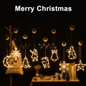 Коледна украса 2024 Снежен Дядо Коледа, Северен Елен, led лампа, Приказни светлини работещи на батерии, Декоративни Венец на прозореца