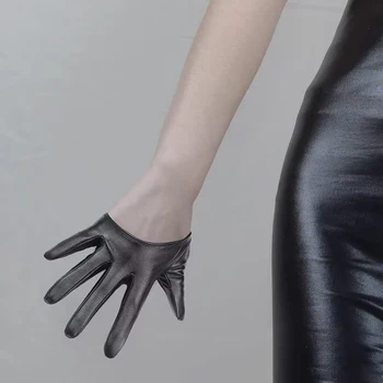 1 Чифт Модни Женски Обтягивающих Ръкавици с пълни пръсти, Изкуствена Кожа, Секси Ръкавици с половината от Дланта на ръката си, Вечерни Черни Къси Ръкавици без пръсти
