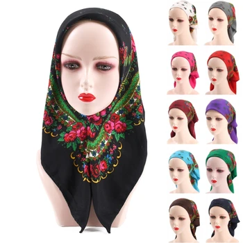 Богемные Кърпи с флорални принтом, женски квадратен Шал, Превръзка на главата, Шал, Тюрбан мюсюлмански Хиджаб, жена на шийката на носна кърпичка, шапки