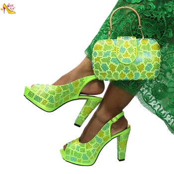 Горещи нови стилове, комплект обувки и чанти, модерен стил луминесцентно зелен цвят, подходящ за семейни събирания, се продава добре в Африка
