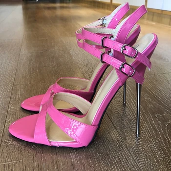 Дамски сандали на висок метален ток 16 см с каишка на щиколотке и висок ток, по-големи размери 35-46 за широки крака, лятна чубрица обувки-лодка розов цвят