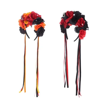 Превръзка на главата с флорални корони в готически стил, Стилна панделка за коса, която симулира панела под формата на роза, с шапки във формата на цвете за жените, Аксесоари за коса за Хелоуин