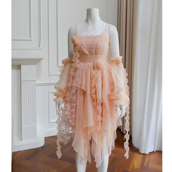 Секси Бретельки с отворен гръб, Розова шифоновая апликация на цвете, блестяща вечерна рокля с лъскави пайети